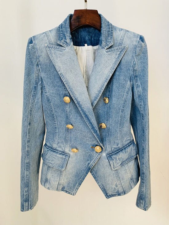 Trendy Double-Breasted Denim Blazer With Lion Button