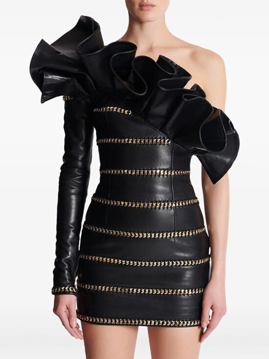 Stylish Asymmetrical Ruffled One-Shoulder Pu Dress
