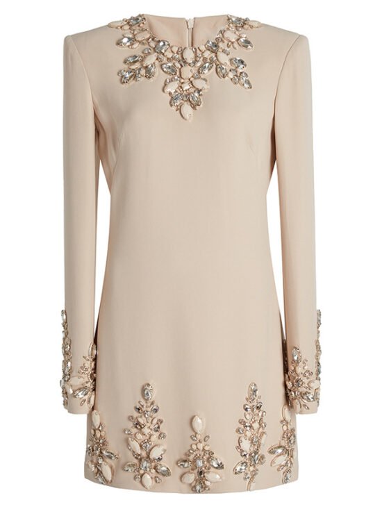 Elegant Beaded Long Sleeve Dress With V-Neck For Women