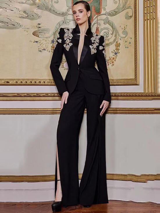 Trendy Black Blazer Suit Set With Sparkling Rhinestones