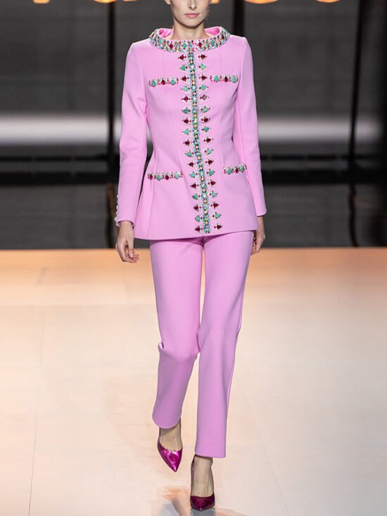 Trendy Casual Pearl Beaded Jacket And Pants Set