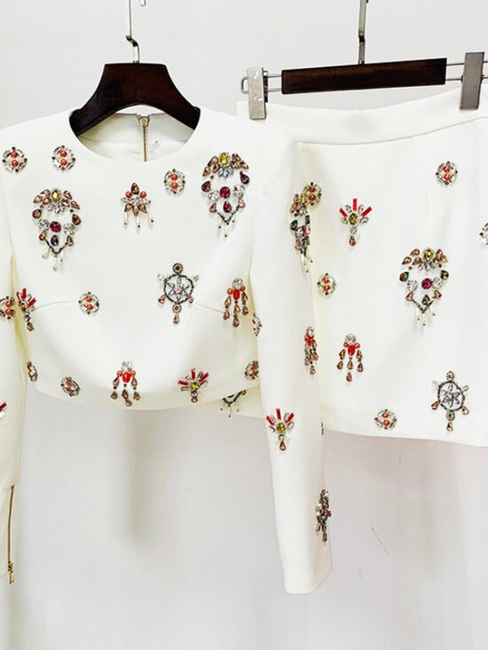 Beaded Jewel Embellished Short Jacket And Skirt Set