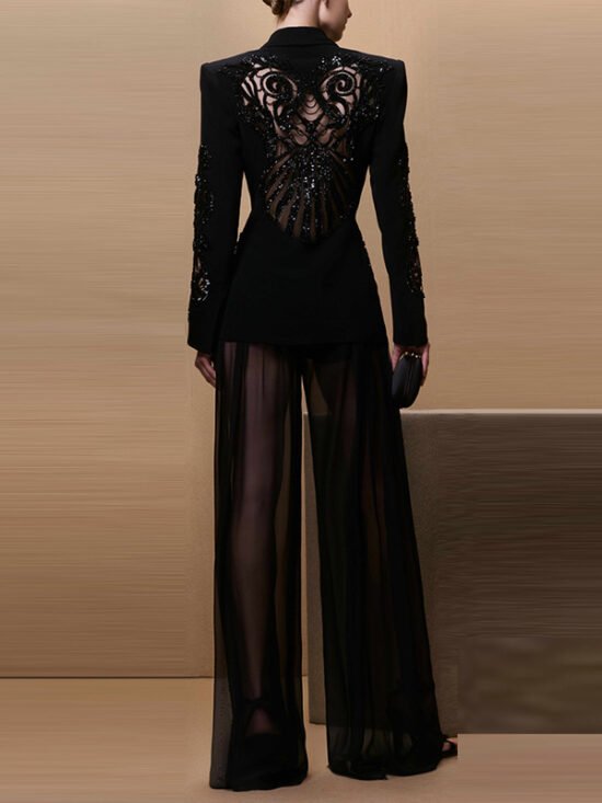 Fashionable Sheer Overlay Embellished Blazer & Chiffon Trousers Set
