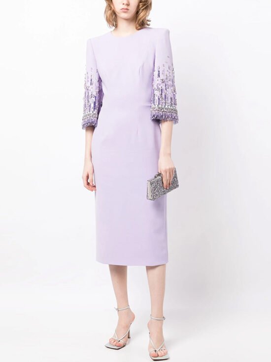 Embroidered Beaded Midi Dress Elegant Party Attire