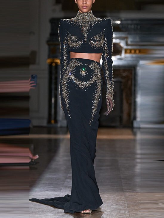 Fashionable Embellished Sequin Crop Top And Fishtail Skirt Set