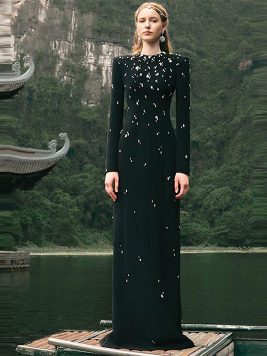Elegant Beaded Long Sleeve Maxi Dress For Special Occasions