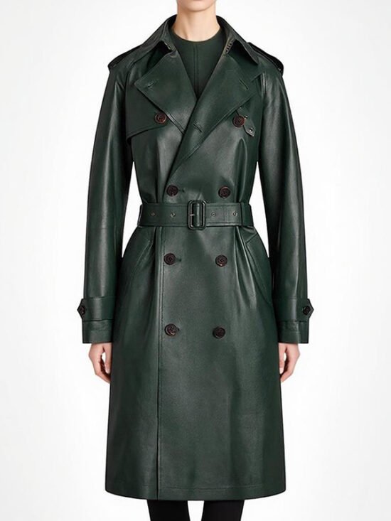 Double-Breasted Belted Faux Leather Trench Coat