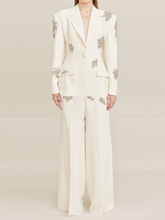 Trendy Elegant Pearl Beaded Blazer & Wide Leg Pants Set