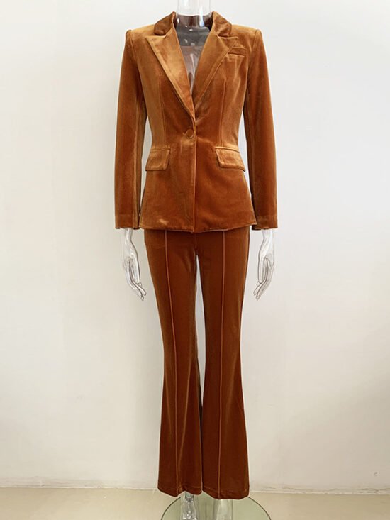Elegant Velvet Blazer And Flare Pants Set